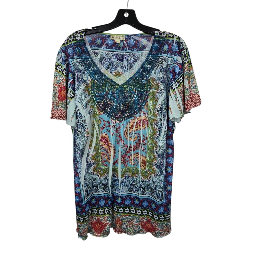 One World Live & Let Boho Embroidered Top Womens Plus XXL Colorful Peasant Beads